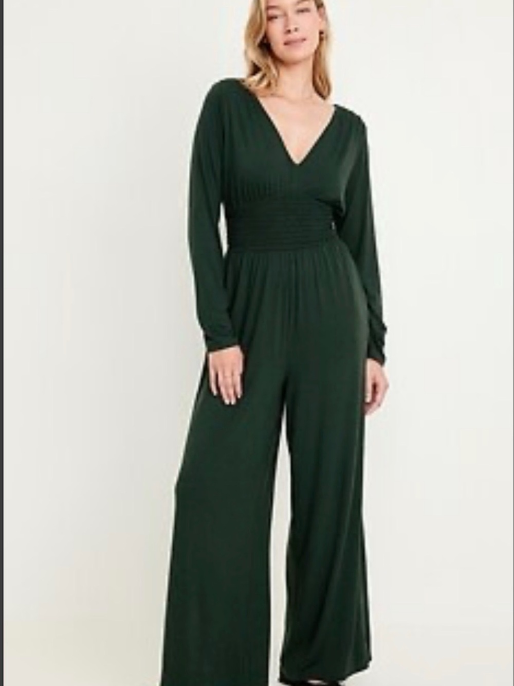 Old Navy Dark Green Long Sleeve Waist Defined V-Neck Jumpsuit (Travel Outfit)